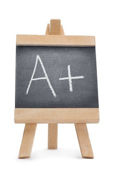 Chalkboard with the letter a and the symbol + written on it isolated against a white background