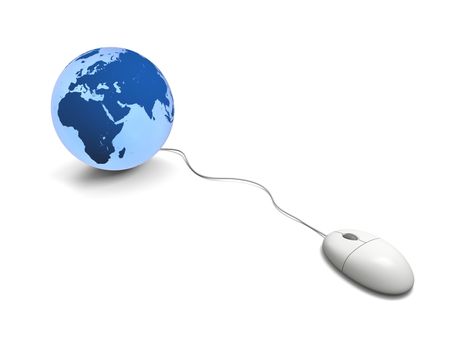 Wired computer mouse connected to planet Earth isolated on white background, concept of internet and connectivity. Elements of this image furnished by NASA