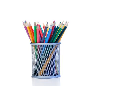 Color pencils in a jar on a white background