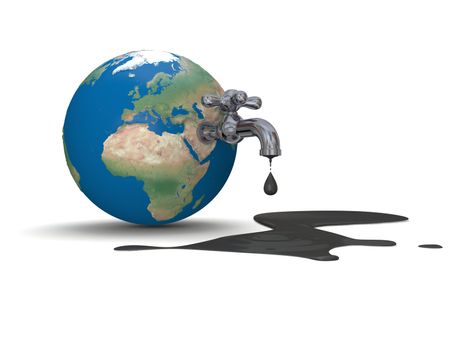 Illustration of water tap mounted on realistic planet Earth dripping with oil isolated on white background. Elements of this image furnished by NASA