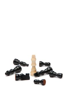 White king and black pieces of chess on a white background