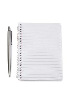 Notebook and silver pen on a white background