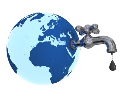 Illustration of water tap mounted on blue planet Earth dripping with oil isolated on white background. Elements of this image furnished by NASA