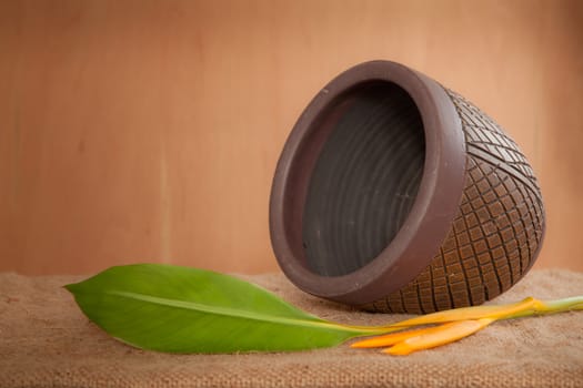 Brown Pot flower on fabric and wood background