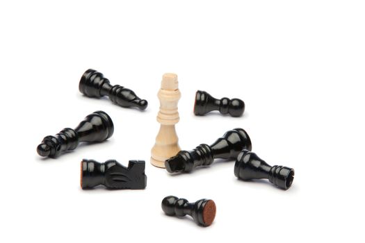 White king and dark pieces of chess on a white background