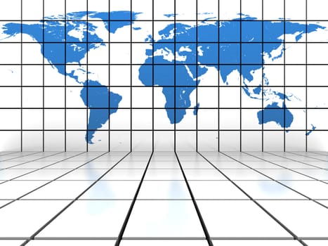 Tiled background scene with blue world map on the vertical wall. Elements of this image furnished by NASA