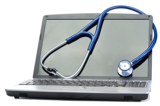 Blue stethoscope and laptop on a white background