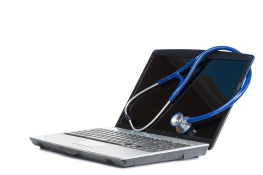 Blue angled stethoscope and laptop on a white background