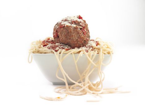 A bow of spaghetti with a giant meatball on top