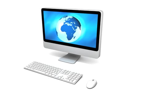 Blue glowing model of Earth on computer screen isolated on white background, concept of global computer network. Elements of this image furnished by NASA