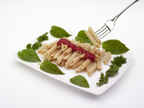 Penne on a rectangular plate with herbs and sauce arranged nicely