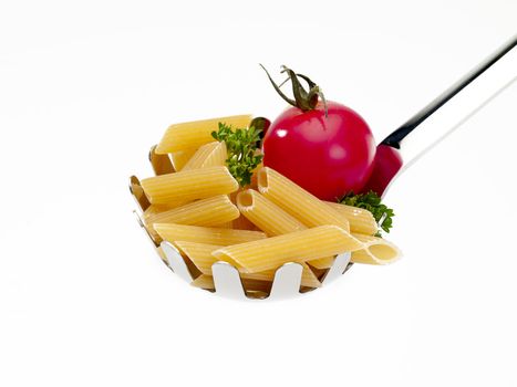 A ladle filled with raw pasta and tomato