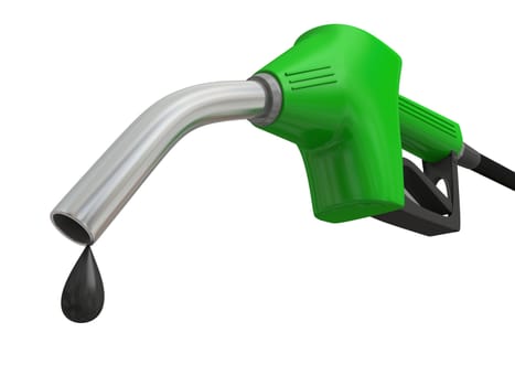 Close-up illustration of green fuel pump nozzle with oil drop isolated on white background