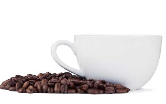 Coffee beans and cup of coffee on a white background