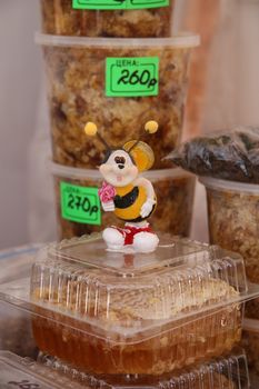 Honey in jars for sale at the market