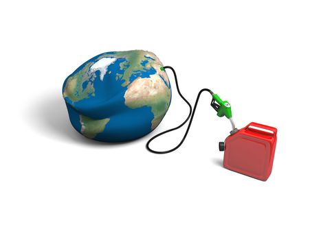 Concept of oil depletion with illustration of oil pump, pumping out oil from deflated Earth into jerry can, isolated on white background. Elements of this image furnished by NASA