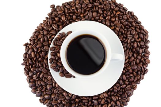 Cup of coffee and coffee beans on a white background