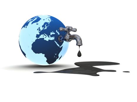 Illustration of water tap mounted on blue planet Earth dripping with oil isolated on white background. Elements of this image furnished by NASA