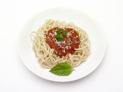 Spagheteti with tomato sauce and cheese on a plate