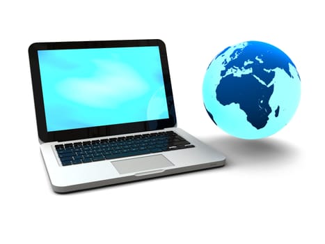 Illustration of blue Earth floating next to laptop computer, concept of world wide web and portability, isolated on white background. Elements of this image furnished by NASA