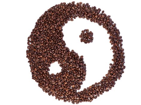 Brown and white symbol made of coffee beans on a white background