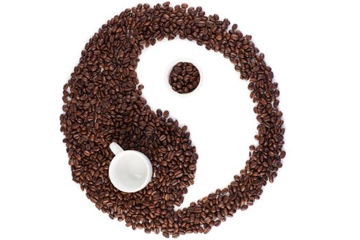 Brown and white symbol made of coffee beans on a white background