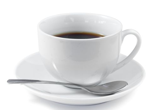 Cup of coffee with spoon and saucer on a white background