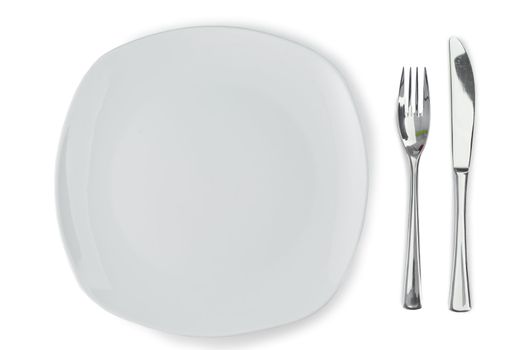 Plate and cultery on a white background