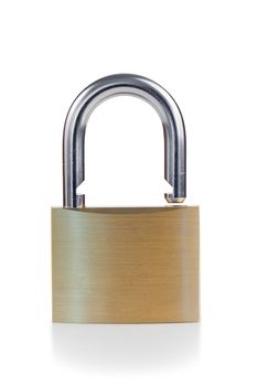 Close golden padlock on a white background