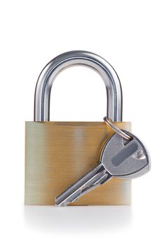 Padlock and key on a white background