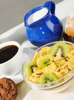 Healthy morning meal - milk, cornflakes and coffee