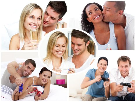 Montage of young couples at home