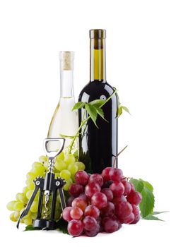 Red and white wine, with bunches of grapes, white background