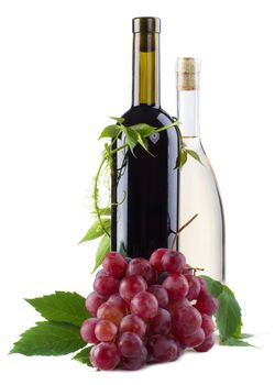 Bottle of red wine with grapes, white background