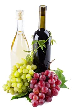 Red and white wine, with bunches of grapes, white background