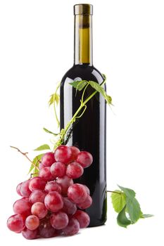 Bottle of red wine with grapes, white background