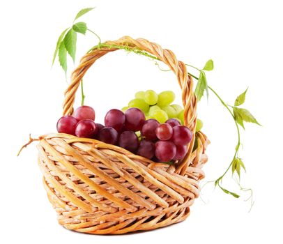 Wicker basket with grapes isolated on white background