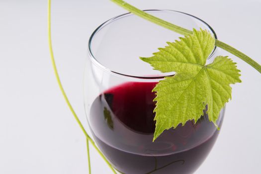 Glass of red wine with a green leaf on top