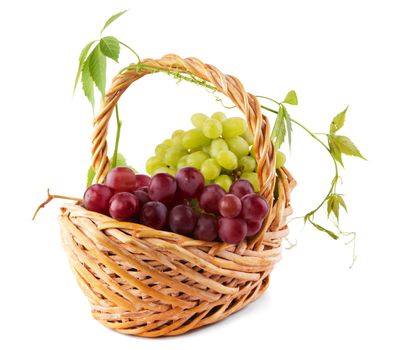 Wicker basket with grapes isolated on white background