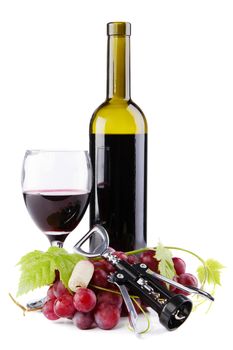 Bottle of red wine with grapes, white background