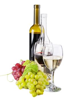 Red and white wine, with bunches of grapes, white background