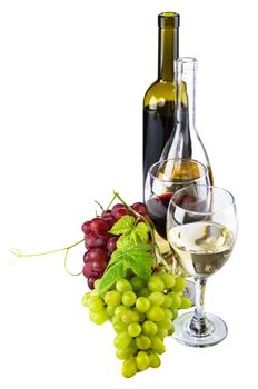 Red and white wine, with bunches of grapes, white background