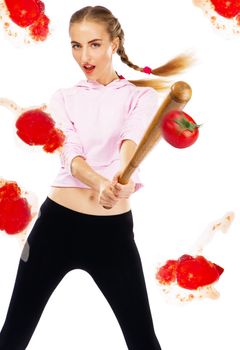 Lady beating off tomatoes with a baseball bat, white background