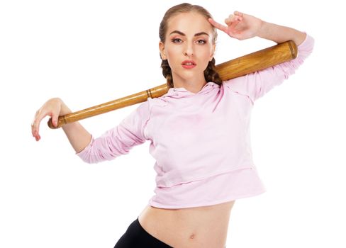 Pretty lady with a baseball bat, isolated on white background