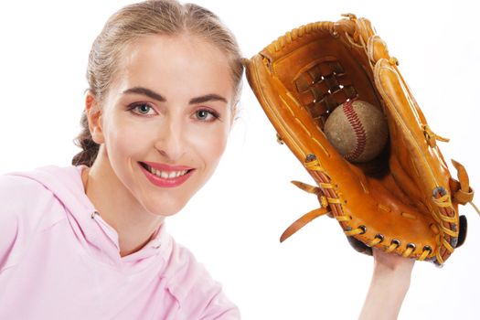 Beautiful woman with baseball equipment, isolated on white background