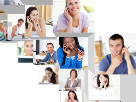 Montage of people having a phone conversation at home and at the office