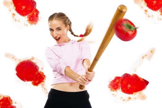 Lady beating off tomatoes with a baseball bat, white background