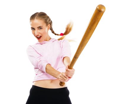 Pretty lady with a baseball bat, isolated on white background