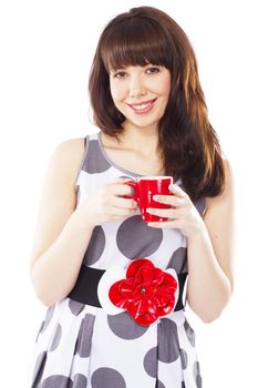 Beautiful lady with a cup of tea, white background