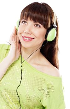 Beautiful girl with green headphones, white background